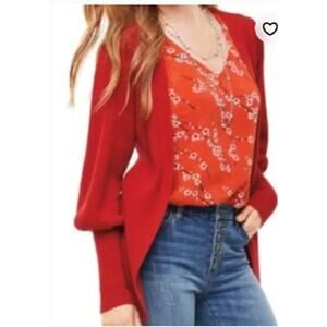 ✨ CABI Gala Cardigan 5634 Red Ribbed Belted Puff Sleeve M EUC 🍎